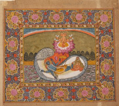 Vishnu und Lakshmi auf der Schlange Shesha, mit Brahma auf der Lotusblume, möglicherweise spätes 19. Jahrhundert von Unbekannt