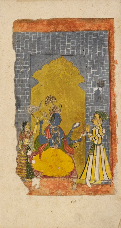 Vishnu auf dem Thron mit einem fürstlichen Verehrer vor ihm stehend, um 1700-1725 von Unbekannt