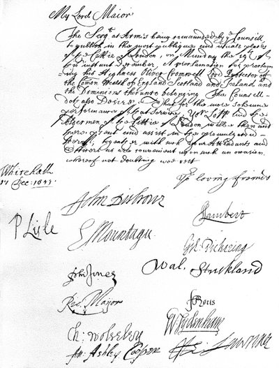 Befehl des Staatsrates an den Lord Mayor von London, ihn und die Aldermen zu bitten, der Proklamation von Oliver Cromwell als Lord Protector des Commonwealth von England, Schottland, Irland und den Dominions am 19. Dezember beizuwohnen von Unbekannt