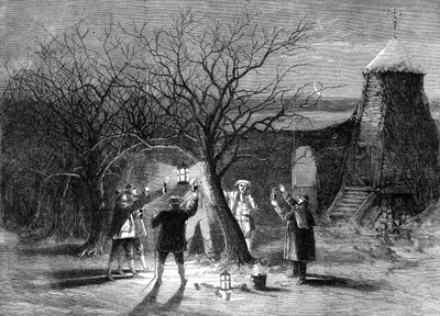 Wassailing Apfelbäume mit heißem Apfelwein in Devonshire am zwölften Abend, 1861 von Unbekannt