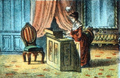 Frau benutzt Nähmaschine, patentiert von Elias Howe, ca. 1878 von Unbekannt