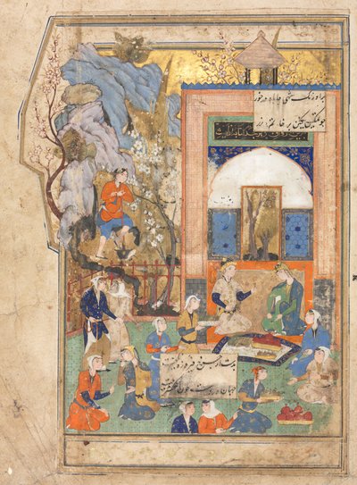 Yusuf und Zulaykha recto, Illustration und Text persische Verse in einer Anthologie..., ca. 1556-65 von Unbekannt