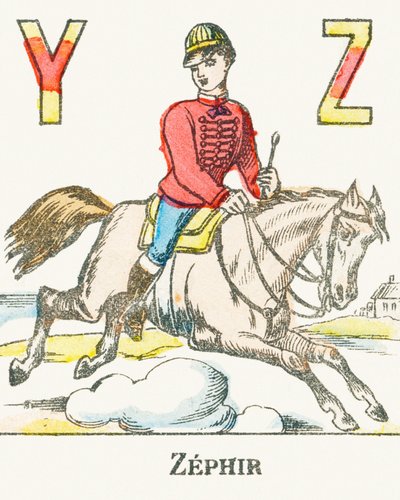 Z : Zephir, ein Reiter galoppiert auf seinem Pferd namens Zephyr - Spiele-Alphabet, ca. 1890 (Gravur) von Unbekannt
