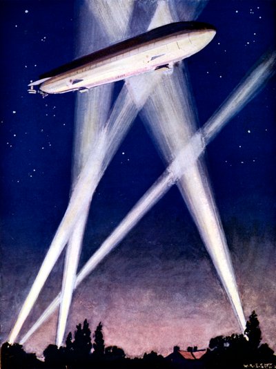 Zeppelin-Luftschiff im Suchscheinwerfer während eines Bombenangriffs über England von Unbekannt