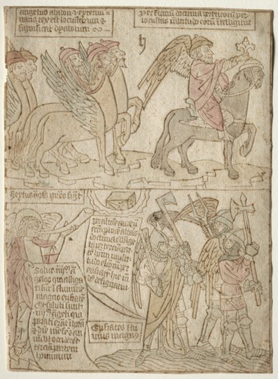 Seite aus der Apokalypse: Die Heuschrecken mit dem Engel des Abgrunds und die sechste Posaune, 1400er Jahre von Unbekannt