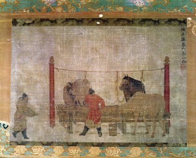 Hängende Darstellung von Stallknechten, die Pferde füttern, Tinte und Aquarell auf Seide, zugeschrieben Jen Jen-Far, chinesisch, 14. Jahrhundert von Unbekannt Unbekannt