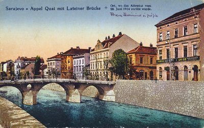 Postkarte, die Sarajevo, den Appel Quay und die Lateinerbrücke zeigt, Ort der Ermordung von Erzherzog Franz Ferdinand und seiner Frau Sophie am 28. Juni 1914, um 1920 von Unbekannt Unbekannt