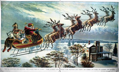 Santas erste Ausfahrt mit Schlitten und Rentieren, Illustration für 