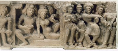 Steinschnitzerei von Liebenden, die eine Tanzaufführung genießen, aus dem Dasavatara-Tempel, Deogarh, MP, 5. Jahrhundert von Unbekannt Unbekannt