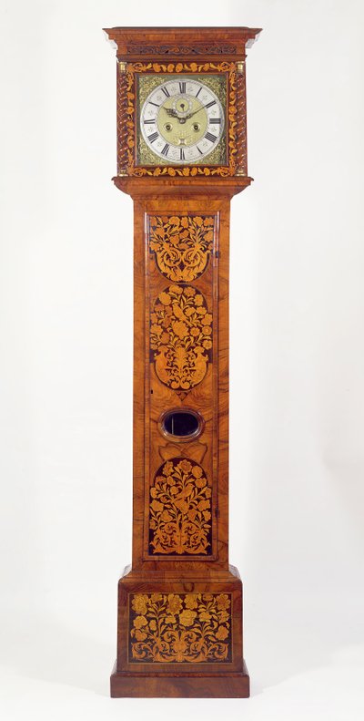 Langgehäuseuhr mit Walnuss-Marketerie von James Clowes (tätig 1671-89) von Unbekannt Unbekannt