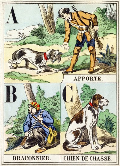 A B C: Apportieren, Wilderer, Jagdhund - Das Jagd-Alphabet, ca. 1890 von Unbekannt