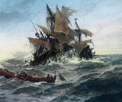 Ein dänisches Schiff, das der Stadt Stralsund Hilfe bringen will, erleidet Schiffbruch von Unbekannter Künstler