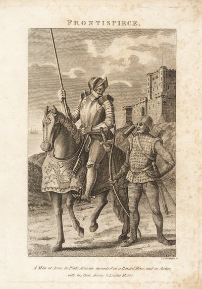 Ein Mann in Plattenrüstung auf einem gepanzerten Pferd und ein Bogenschütze in Kettenhemd mit Bogen, Pfeilen und Bleihammer von Unbekannt