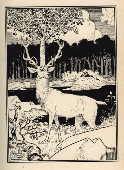 Ein Kirschbaum auf dem Kopf eines Hirsches, getroffen von den Kirschsteinen, die der Baron von Münchhausen schleuderte. Illustration von William Strang (1859-1921) und JB Clark aus „Die Abenteuer des Baron von Münchhausen“ von Rudolf Erich Raspe (1736-1794 von Unbekannt