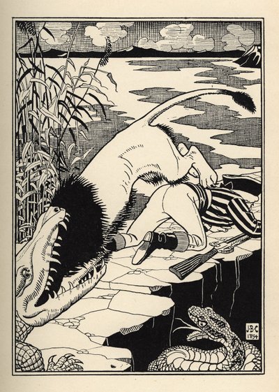 Ein Löwe, der den Baron von Münchhausen angreifen wollte, endete mit einem Krokodil. Illustration von William Strang (1859-1921) und JB Clark aus „Die Abenteuer des Baron von Münchhausen“ von Rudolf Erich Raspe (1736-1794) (1789) von Unbekannt
