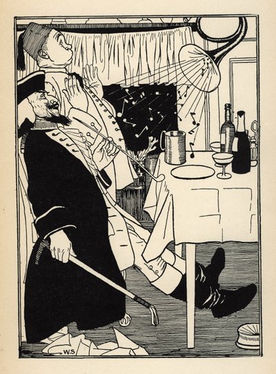 Eine Trompete, die eingefroren war, erzeugt von selbst Töne, wenn sie sich erwärmt, zur Belustigung und Verwunderung aller. Illustration von William Strang (1859-1921) und JB Clark aus „Die Abenteuer des Baron von Münchhausen“ von Rudolf Erich Raspe (1736- von Unbekannt