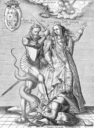 Allegorie auf den Tod der Katholischen Liga, dargestellt als Mönch mit Schlangenkörper, getötet vom König von Frankreich Heinrich IV. und Frankreich. Ende des 19. Jahrhunderts (Gravur aus „Museum-Criminal“ von Henri Varennes und Edgar Troimaux) von Unbekannter Künstler