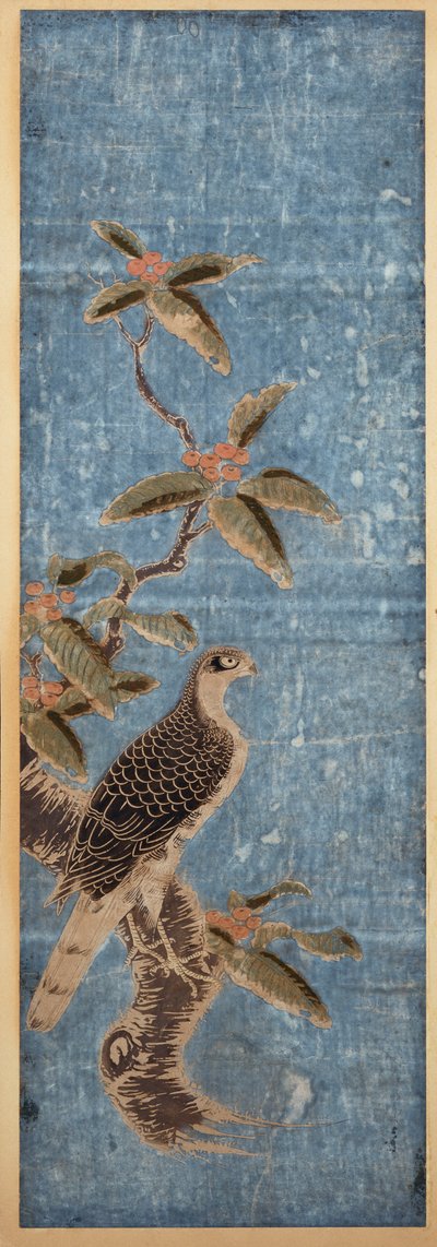 Ein ishizuri-e, das einen Falken auf einem Nanten-Zweig zeigt, vor blauem Hintergrund von Unbekannt