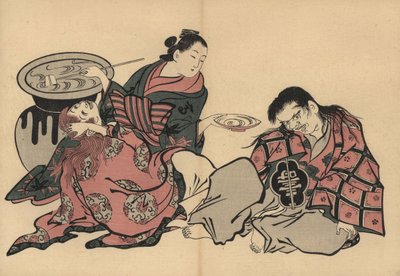 Eine Oiran Kurtisane spielt zwei Shojo mit Sake aus einer riesigen Vase. Holzschnitt von Masanobu Okumura (1686-1764) aus Fuzoku Emakimono, Bildrolle des Wasserhandels, Tokio, Nachdruck um 1880. von Unbekannter Künstler