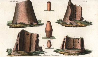 Alte Wikingerdenkmäler aus einer deutschen Provinz nahe Skandinavien und einige Urnen aus dänischen und schwedischen Gräbern. Handkolorierter Kupferstich von Giarre und Stanghi aus Giulio Ferrario
