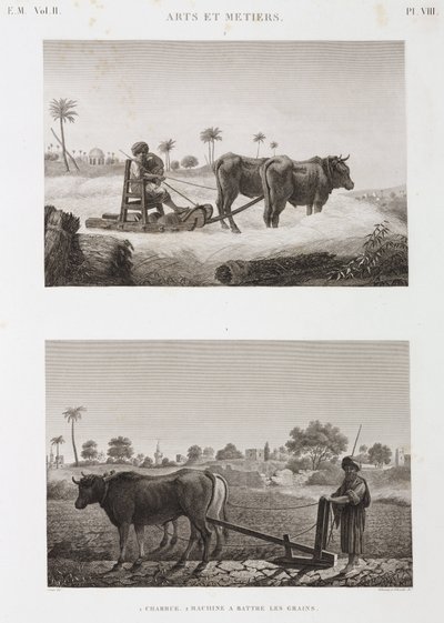 Ackerbau, Pflügen, Dreschmaschine und Pflug, Ägypten, ca. 1798 von Unbekannt