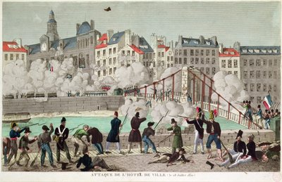 Angriff auf das Rathaus von Paris und die Schlacht an der Brücke von Arcola, 28. Juli 1830 von Unbekannter Künstler