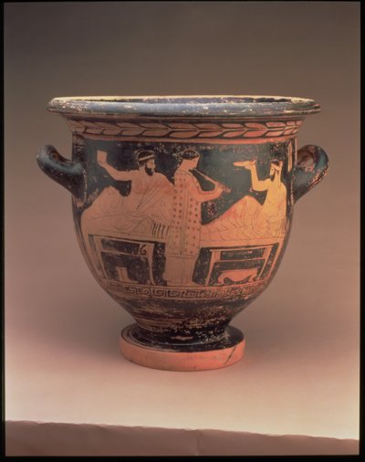 Attisch rotfiguriger Glockenkrater, dekoriert mit einer Symposionszene von zwei liegenden Figuren und einem stehenden Flötenspieler, griechisch, ca. 440-430 v. Chr. von Unbekannt