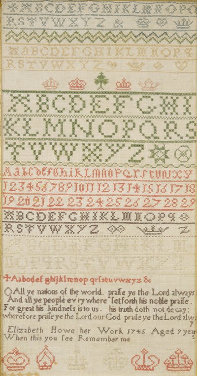 Bandsampler mit Alphabet, Zahlen und einem Vers, gearbeitet von Elizabeth Howe von Unbekannt