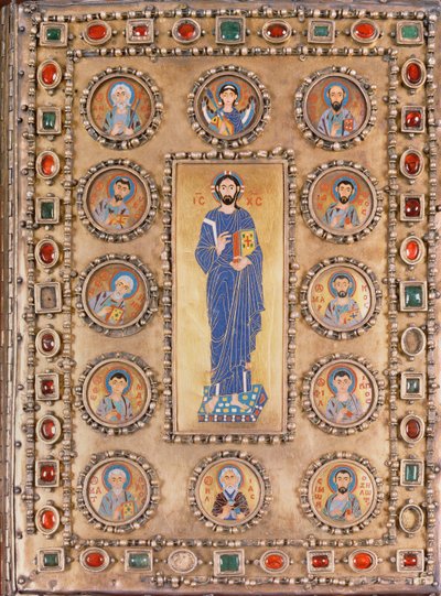 Buchdeckel mit Darstellung von Christus, der segnet, mit Rundbildern von Heiligen von Unbekannt