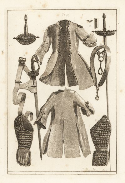 Buffmantel, Buffgürtel, vergoldeter Silberschwertgriff, Buffarmstück und Handschuh, Toledo-Schwert, Klinge und Scheide, und Griff von Unbekannt