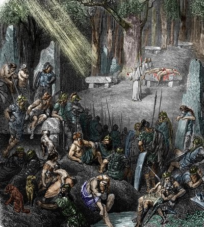 Keltische Antike: Menschenopfer während einer Zeremonie unter Vorsitz eines Druiden in Anwesenheit von Familien und Kriegern im Wald von Leopold Blonder