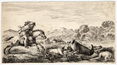 Jagd auf verschiedene Tiere: Die Hirschkuh in einem Sumpf von zwei Hunden gestoppt von Unbekannter Künstler