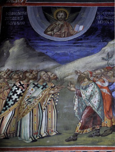 Christus in Herrlichkeit, der die weltlichen und geistlichen Kräfte kontrolliert, byzantinisches Fresko aus dem Kloster Agios Ioannis Lampadistis, Heiliger Johannes Lampadistis, 11. Jahrhundert, Zypern, bemalte Kirchen, UNESCO-Stätte, Troodos, Zypern von William M. Timlin