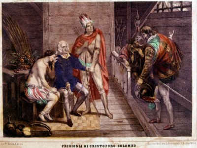 Christoph Kolumbus in Ketten 1500 auf seiner Rückkehr nach Spanien - Italienischer Stich von 1861 von Unbekannter Künstler