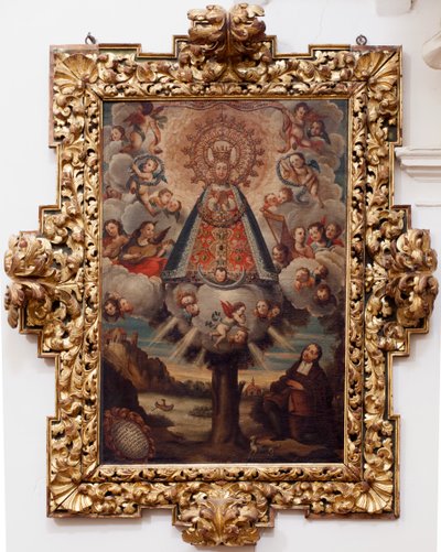Kollegiatskirche. Innenraum. Gemälde. (Nuestra Señora de la Esperanza). Text in einem Medaillon: „RETRA TOD LA MIL CROSA Imajen DNUESTRA S DL Esperanza A Parecida A Fernando de ZILLLa Faňa iezi rodela Villa Riue mde el Tajo ter mi?to esta villa“. Signiert  von Unbekannt