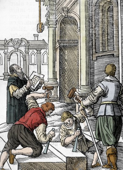 Bau einer Kathedrale, Steinmetze im 13. und 14. Jahrhundert (Gravur) von Unbekannter Künstler