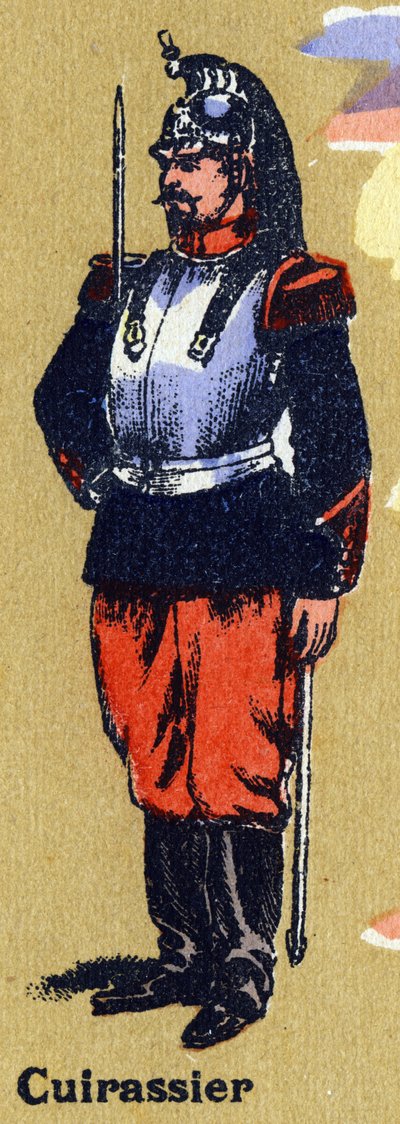 Kürassier in Soldatenuniform. Illustriertes Alphabet. Imageries reunited in Jarville-Nancy, Anfang des 20. Jahrhunderts. Lithografie auf bistre Hintergrund von Unbekannt