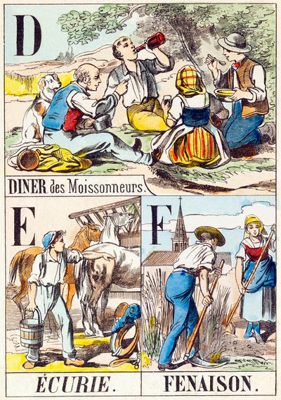 D E F: Abendessen der Erntearbeiter, Stall, Heuernte - „Alphabet des Bauernhofs“ Ende des 19. Jahrhunderts (Gravur) von Unbekannt