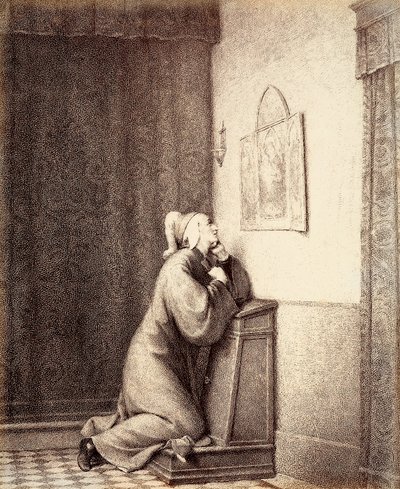Dante kniet im Gebet, mit seinem Blick auf ein Triptychon gerichtet. von Unbekannter Künstler