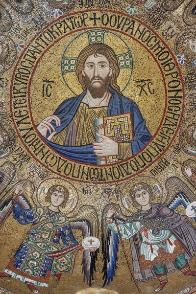 Kuppel des Querschiffs: Mosaik "Segnender Christus Pantokrator zwischen Engeln und Erzengeln", 12. Jahrhundert, Die Palatinkapelle, Der Königspalast oder Palazzo dei Normanni (Palast der Normannen), Palermo, Sizilien, Italien von Unbekannter Künstler