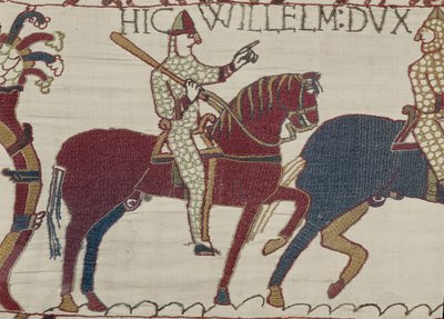 Herzog Wilhelm ermutigt seine Truppen, sich auf die Schlacht gegen die englische Armee vorzubereiten, Teppich von Bayeux (Wollstickerei auf Leinen) von Unbekannt