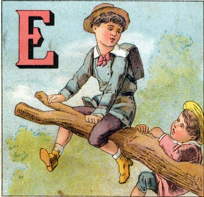 Buchstabe E: Junge im Gleichgewicht auf einem Ast. Gravur im "Alphabet der kleinen Schüler" von Unbekannt