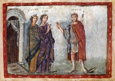 Episode aus Vergils Aeneis (70-19 v. Chr.): Darstellung von Aeneas und Dido. Dido versucht, Aeneas zurückzuhalten. Dido wird in Verzweiflung Selbstmord begehen. Miniatur aus 