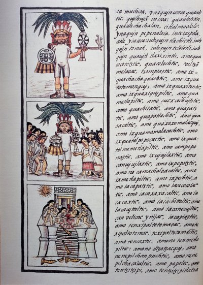 Fest von Toxcatl und sein Opfer, Buch II des Florentiner Kodex, zweisprachige Version in Spanisch und Nahuatl, Allgemeine Geschichte der Dinge von Neuspanien (Historia general de las cosas de Nueva España), Aztekische Zivilisation von Benjamin Baud