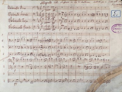 Erste Seite der Partitur für vier Celli der Symphonie Nr. 7 in A-Dur, op. 92, von Ludwig van Beethoven von Unbekannter Künstler