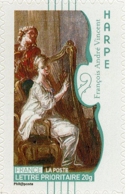 Französische Briefmarke mit einer Frau, die Harfe spielt, nach einem Gemälde des französischen Künstlers François-André Vincent von Unbekannt