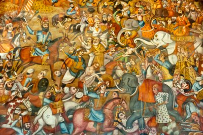 Fresko; Schlacht; Schlacht von Nadir Shah in der Schlacht von Karnal; 1739; auf einem Pferd; gegen Sultan Mohammed Shah Gurkani auf einem weißen Elefanten; Chehel Sotoun; Vierzig-Säulen-Palast; Isfahan; Iran; Asien von Unbekannt