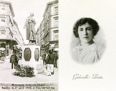 Gabrielle Petit und das ihr zu Ehren errichtete Denkmal in Brüssel, Gedenkkarten, ca. 1925 (Lithografie) von Unbekannter Künstler