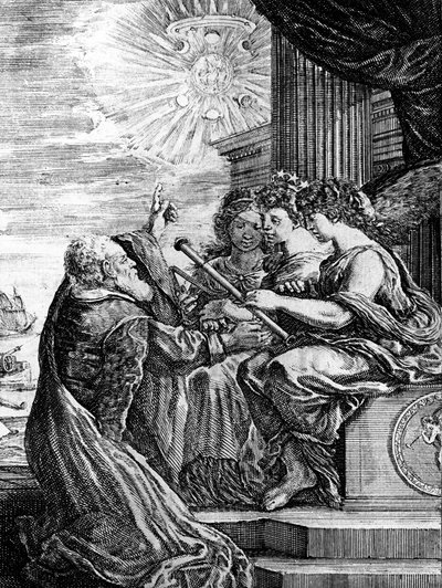 Galileo präsentiert seine Teleskope den Musen und weist auf ein heliozentrisches System des Universums hin von Unbekannter Künstler