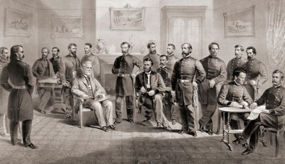 General Ulysses S. Grant (sitzend Mitte rechts) und General Robert E. Lee (sitzend Mitte links) mit ihrem jeweiligen Stab im Appomattox Courthouse, Virginia, wo General Lee die Armee von Nord-Virginia übergab und damit den Amerikanischen Bürgerkrieg beende von Unbekannt